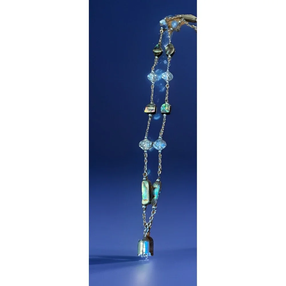 Boho Tassel Necklace Abilone Shell Look Crystal Bead Silverstone Statement Jewel